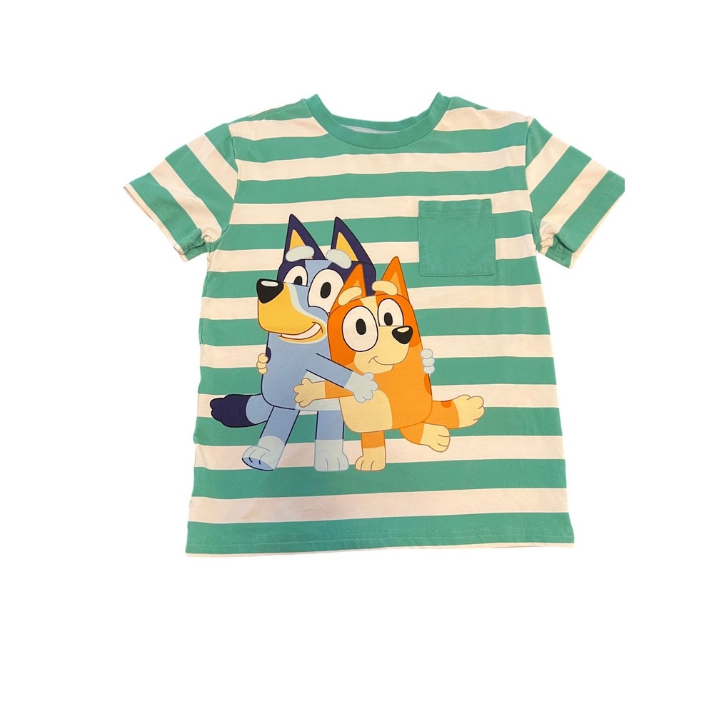 Little Sleepies Bluey Play Collection Teal Striped Pocket T-Shirt Kids Size 7